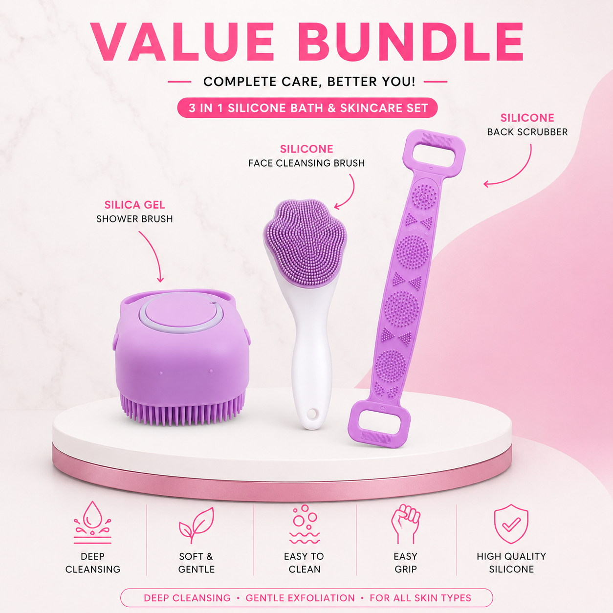 3-in-1 Silicone Bath & Skincare Set – Face Brush, Shower Brush & Back Scrubber
