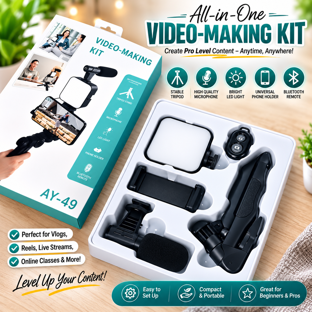 AY-49 Vlogging Kit – Mic, LED Light & Tripod