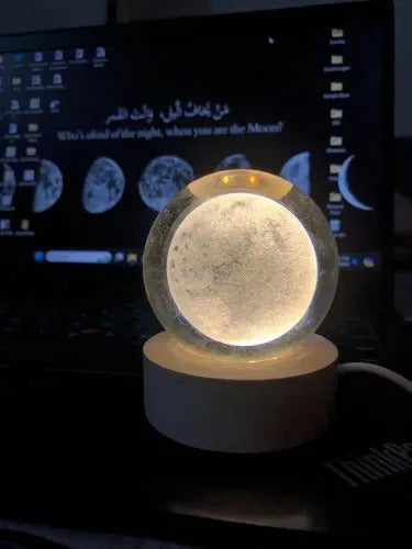 3D Galaxy Crystal Ball Lamp – Moon Shape with Wooden LED Base