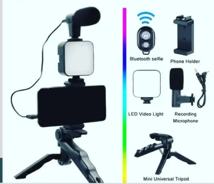 AY-49 Vlogging Kit – Mic, LED Light & Tripod