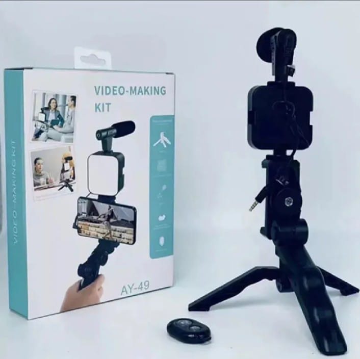 AY-49 Vlogging Kit – Mic, LED Light & Tripod