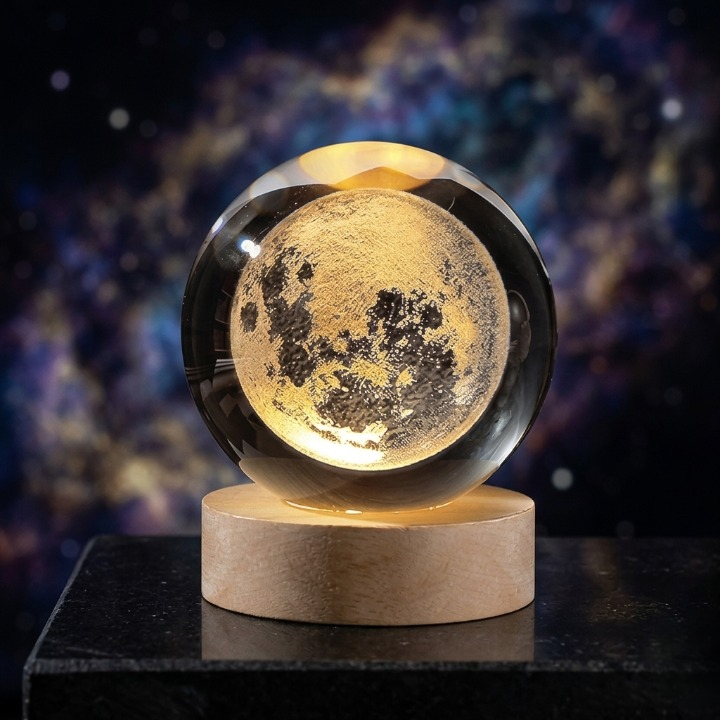 3D Galaxy Crystal Ball Lamp – Moon Shape with Wooden LED Base