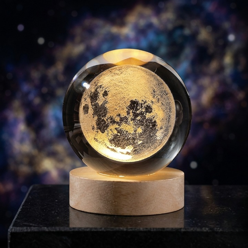 3D Galaxy Crystal Ball Lamp – Moon Shape with Wooden LED Base