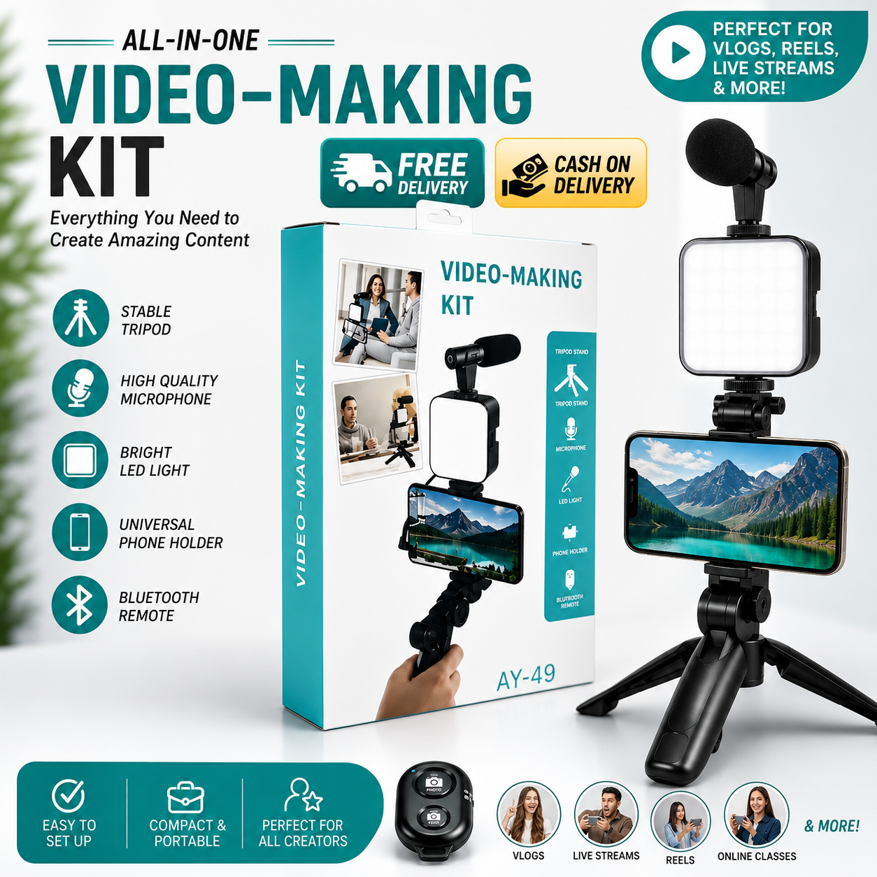 AY-49 Vlogging Kit – Mic, LED Light & Tripod
