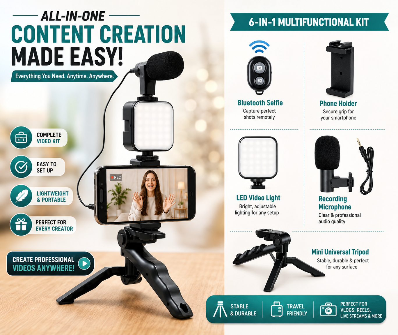 AY-49 Vlogging Kit – Mic, LED Light & Tripod