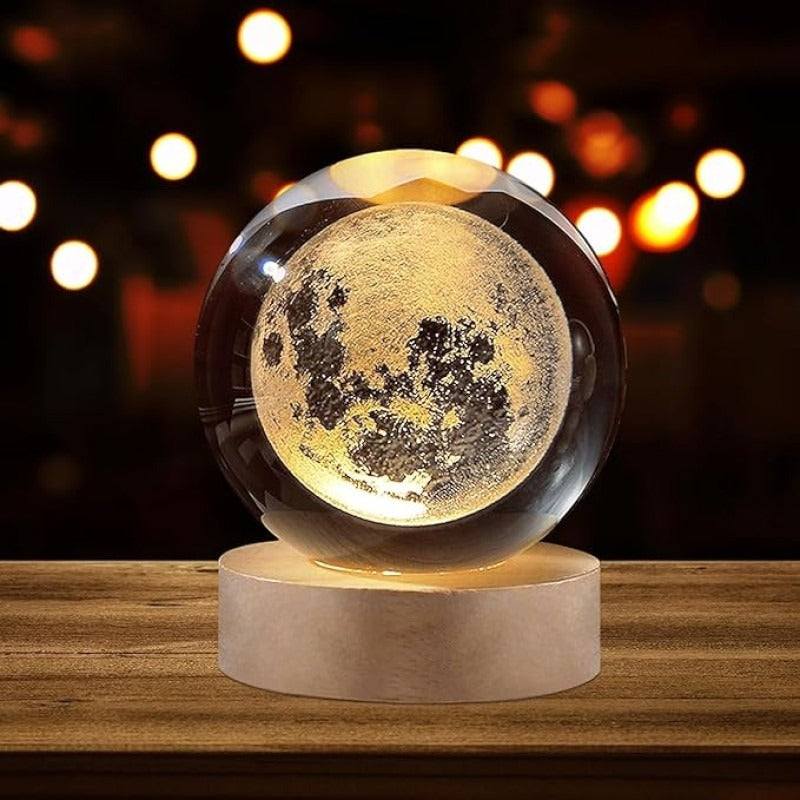 3D Galaxy Crystal Ball Lamp – Moon Shape with Wooden LED Base
