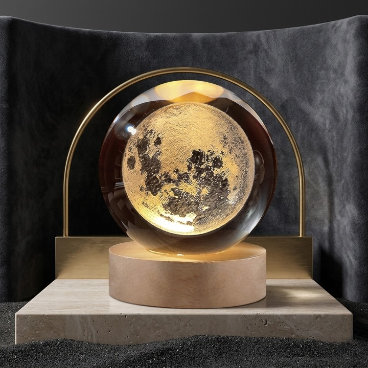 3D Galaxy Crystal Ball Lamp – Moon Shape with Wooden LED Base